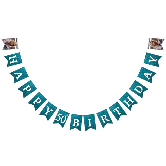 Happy 50th Birthday Photo Teal Glitter Bunting Flags (All)