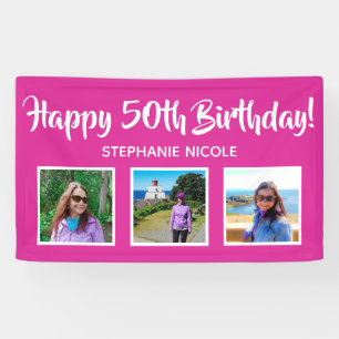 Happy 50th Birthday Pink Personalized 3 Photos Banner