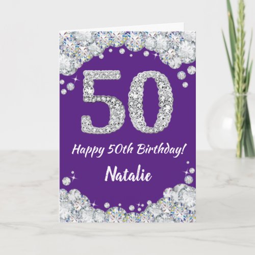 Happy 50th Birthday Purple and Silver Glitter Card