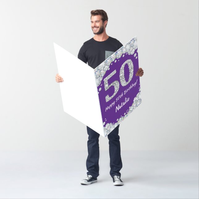 Happy 50th Birthday Purple Silver Glitter Jumbo Card (In Situ)