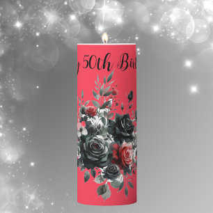 Happy 50th Birthday Red and Black Roses Pillar Candle