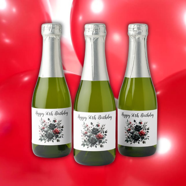 Happy 50th Birthday Red and Black Roses | Sparkling Wine Label (Creator Uploaded)