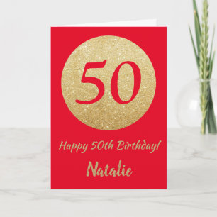 Happy 50th Birthday Red and Gold Glitter Card