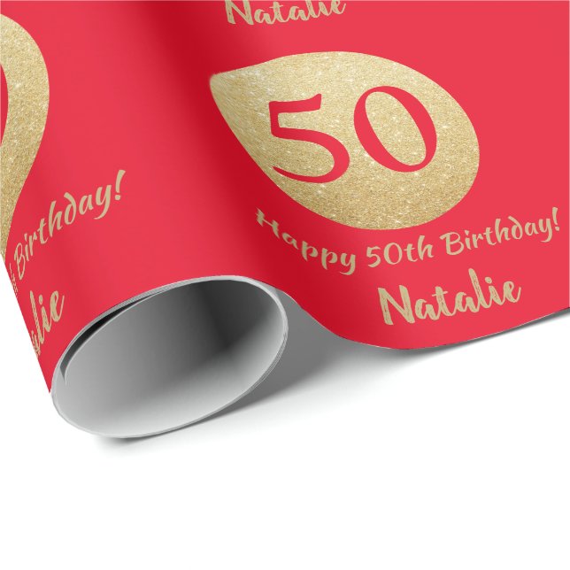 Happy 50th Birthday Red and Gold Glitter Wrapping Paper (Roll Corner)
