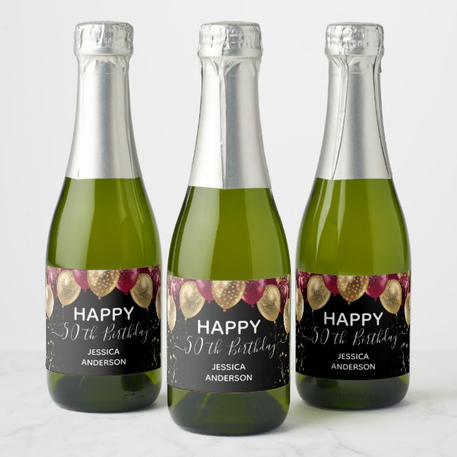 Happy 50th Birthday red and gold Sparkling Wine La Sparkling Wine Label (Bottles)