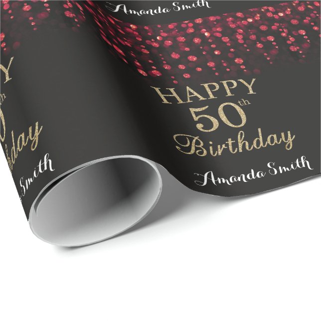Happy 50th Birthday Red Black and Gold Glitter Wrapping Paper (Roll Corner)