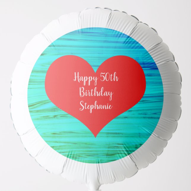 Happy 50th Birthday Red Heart Teal Blue Waves Balloon (Front)