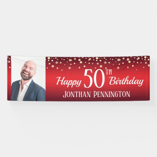 Happy 50th Birthday Red with Confetti One Photo Banner