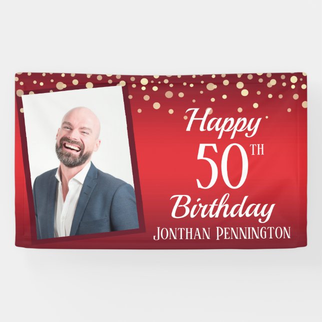 Happy 50th Birthday Red with Confetti One Photo Banner (Horizontal)