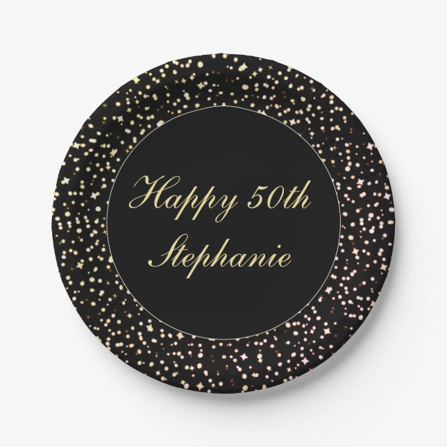 Happy 50th Birthday Sparkle Confetti Black Gold Paper Plates (Front)