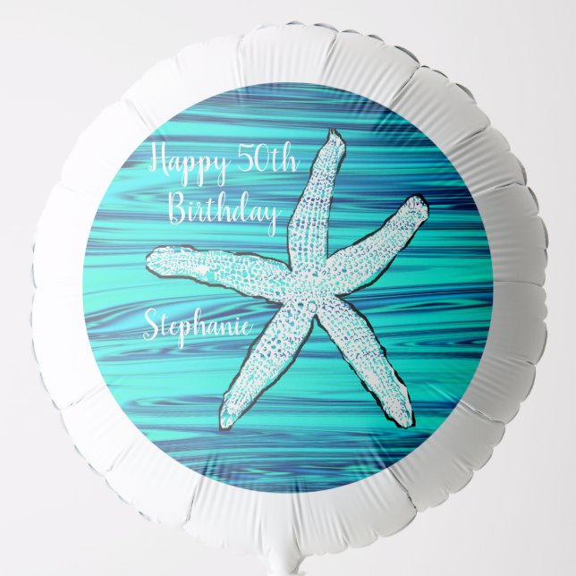 Happy 50th Birthday Starfish Teal Blue Cute Balloon (Front)