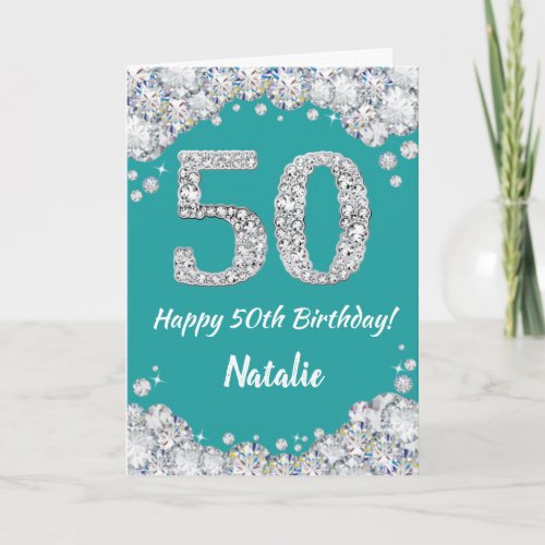 Happy 50th Birthday Teal and Silver Glitter Card