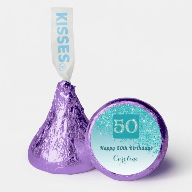 Happy 50th Birthday Teal Blue Glitter Sweet  Hershey®'s Kisses® (Front)