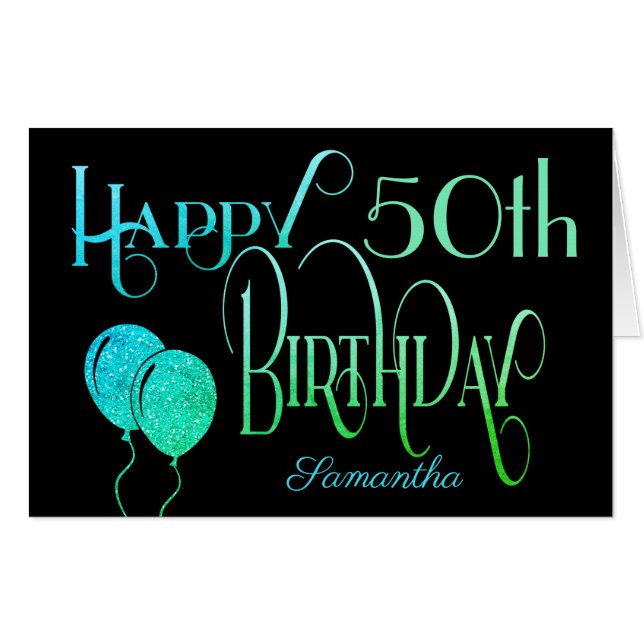 Happy 50th Birthday teal Green Name Script Black Card (Front Horizontal)