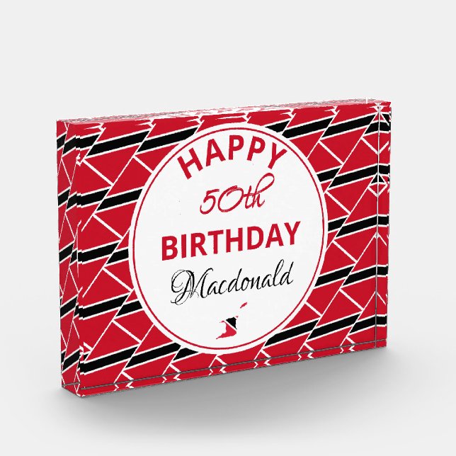 HAPPY 50th BIRTHDAY Trinidad Flag Custom Keepsake Acrylic Award (Left)