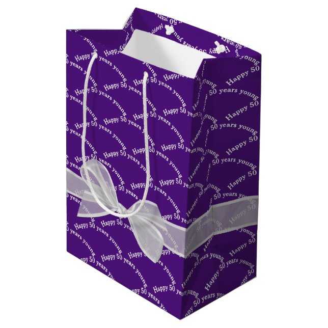Happy 50th Birthday White Bow On Purple Medium Gift Bag (Back Angled)