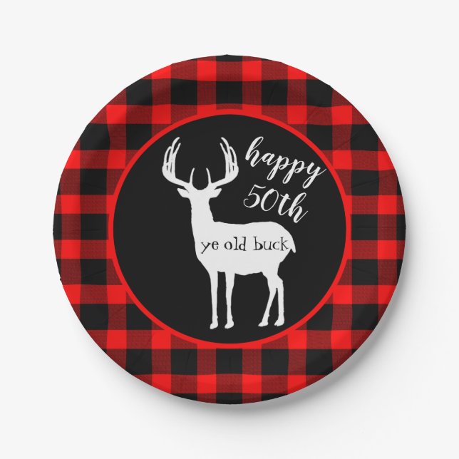 Happy 50th birthday ye old Buck Buffalo Plaid Paper Plates (Front)