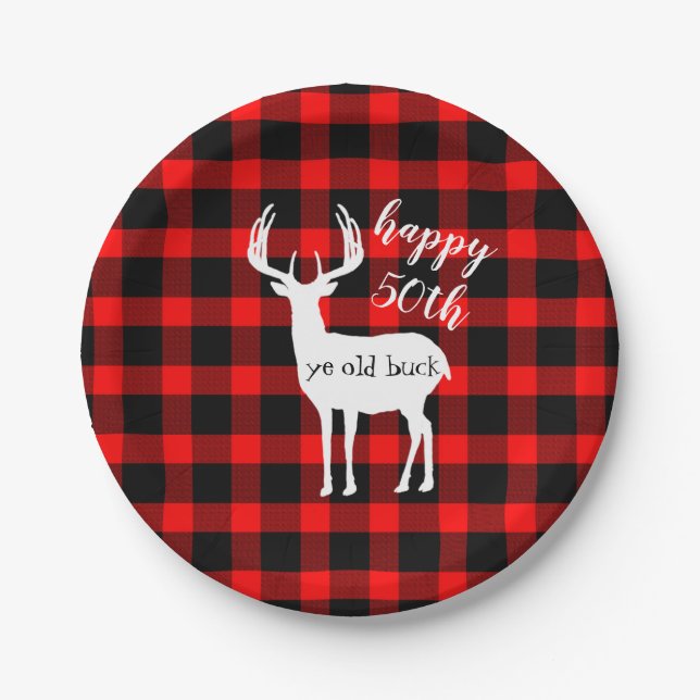 Happy 50th birthday ye old Buck Buffalo Plaid Paper Plates (Front)