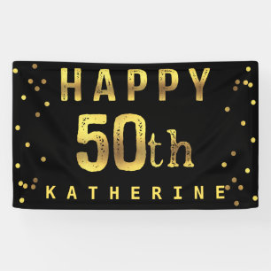 Happy 50th Faux Gold Foil Confetti Black Banner