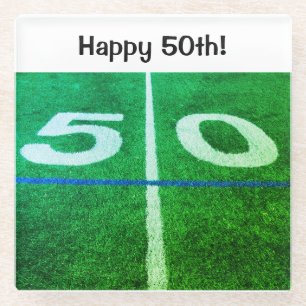 Happy 50th football 50 yard line photo glass coaster