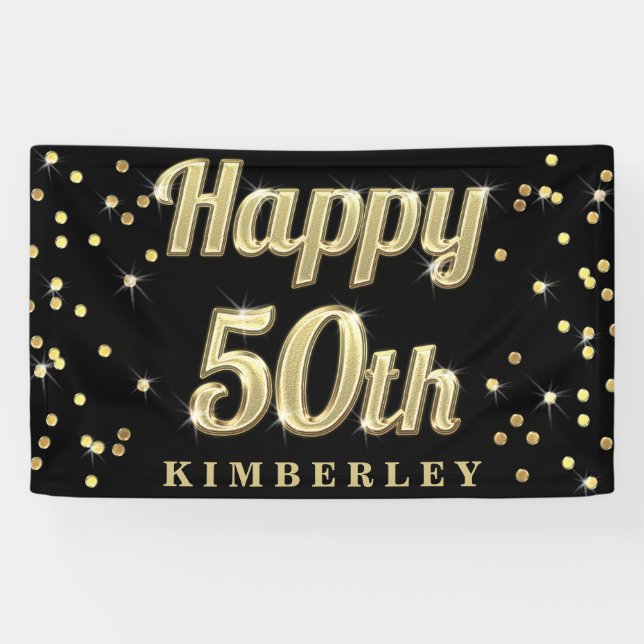 Happy 50th Gold Bling Typography Confetti Black Banner (Horizontal)