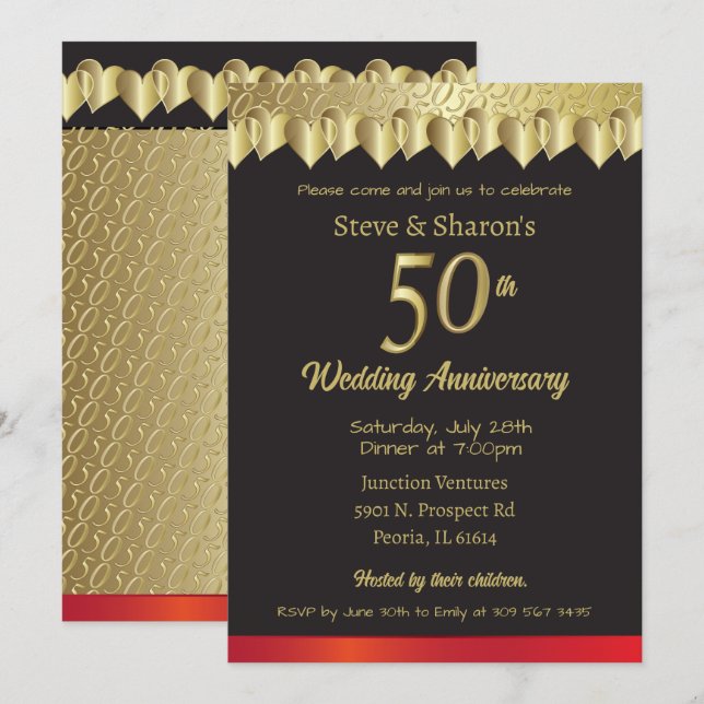 Happy 50th Golden Heart Anniversary Invitation (Front/Back)