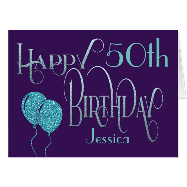 Happy 50th Name Purple Elegant Script Birthday Card (Front Horizontal)