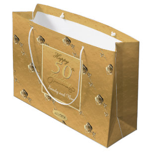 "Happy 50th Wedding Anniversary" 3D Roses Golden Large Gift Bag