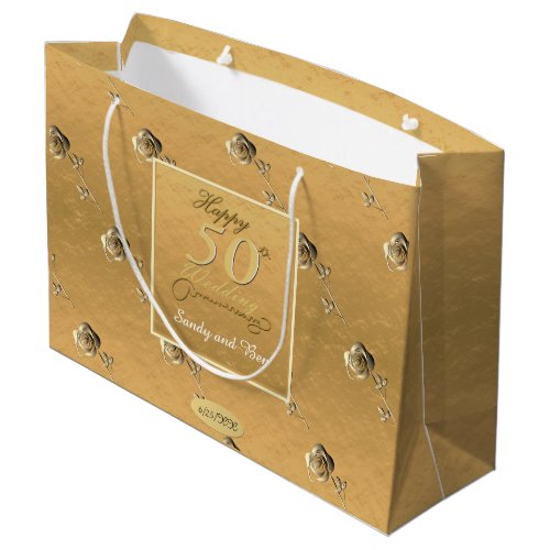 Happy 50th Wedding Anniversary 3D Roses Golden Large Gift Bag