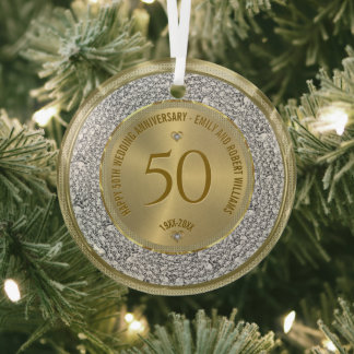 Happy 50th wedding anniversary diamonds and gold glass ornament