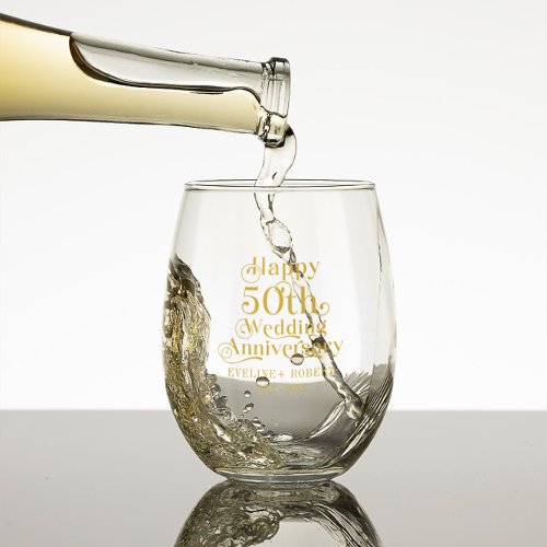 Happy 50th Wedding Anniversary Gold Typography Stemless Wine Glass