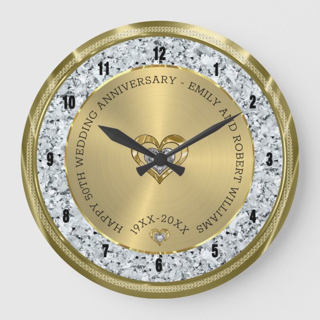 Happy 50th wedding universally diamonds and gold large clock (Front)