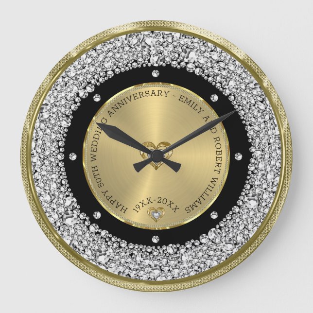 Happy 50th wedding universally diamonds and gold large clock (Front)