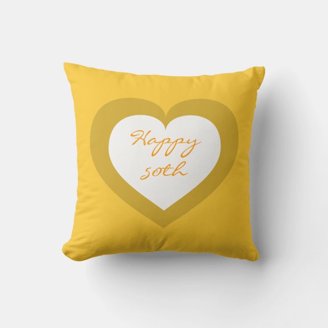 Happy 50th white and gold heart throw pillow (Front)