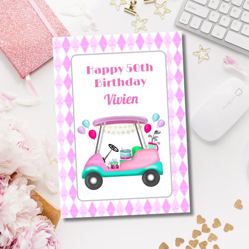 Happy 50th  Womens Golf Party Cart Birthday   Card