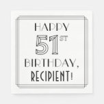 [ Thumbnail: Happy 51st Birthday; Art Deco Style; Custom Name Napkins ]