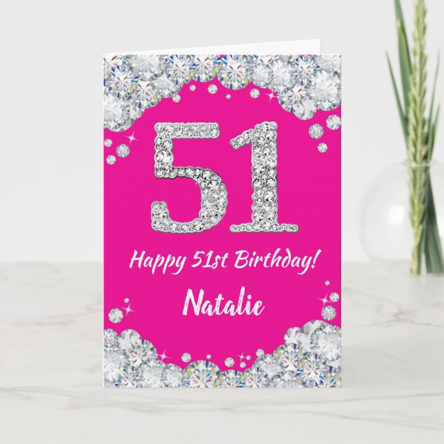 Happy 51st Birthday Hot Pink and Silver Glitter Card (Front)