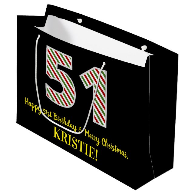 Happy 51st Birthday & Merry Christmas, Custom Name Large Gift Bag (Front Angled)