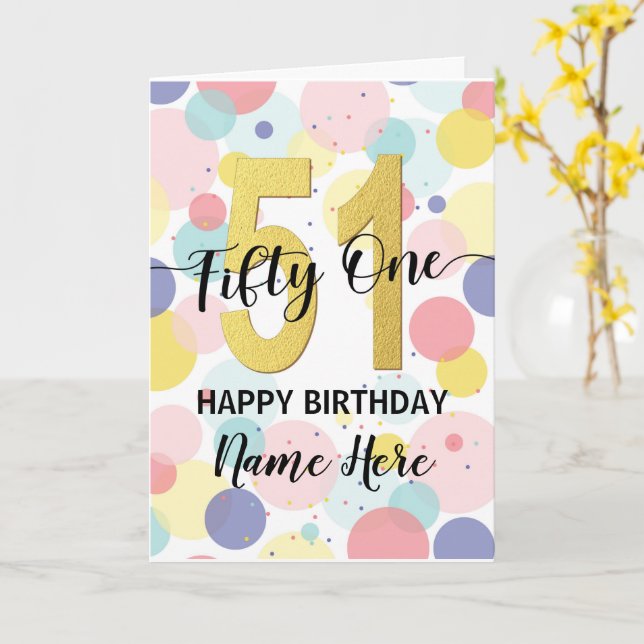 Happy 51st Birthday Pastel Rainbow and Gold Girl Card (Yellow Flower)