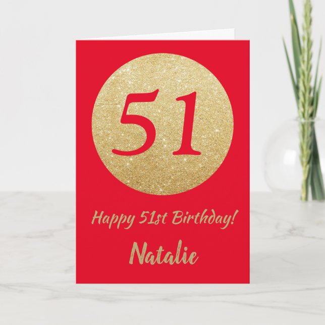 Happy 51st Birthday Red and Gold Glitter Card (Front)