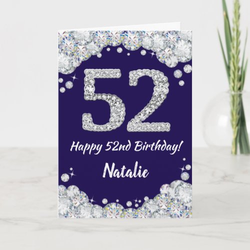 Happy 52nd Birthday Navy Blue and Silver Glitter Card