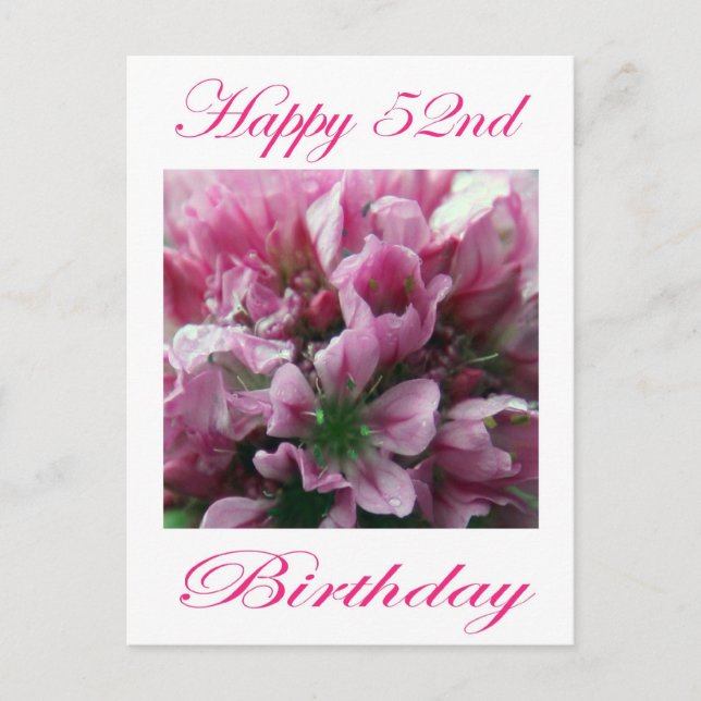 Happy 52nd Birthday Pink and Green Flower Postcard (Front)
