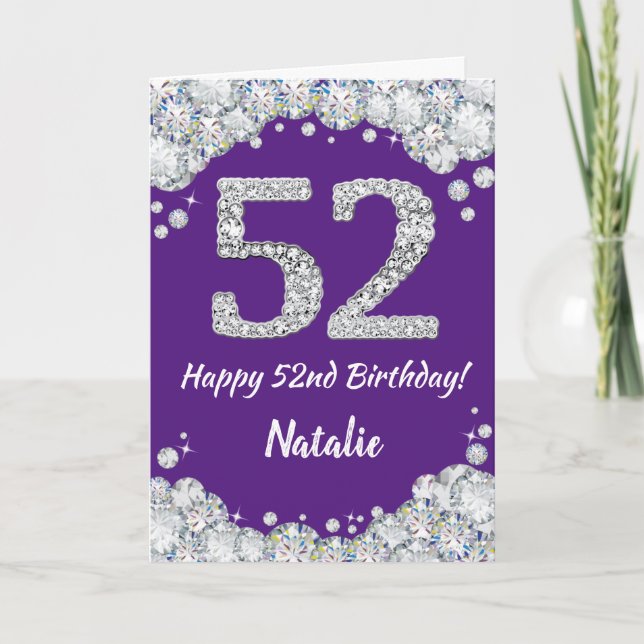 Happy 52nd Birthday Purple and Silver Glitter Card (Front)