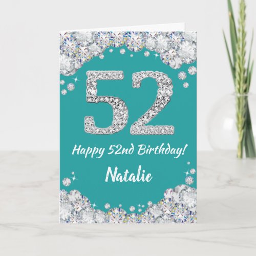 Happy 52nd Birthday Teal and Silver Glitter Card