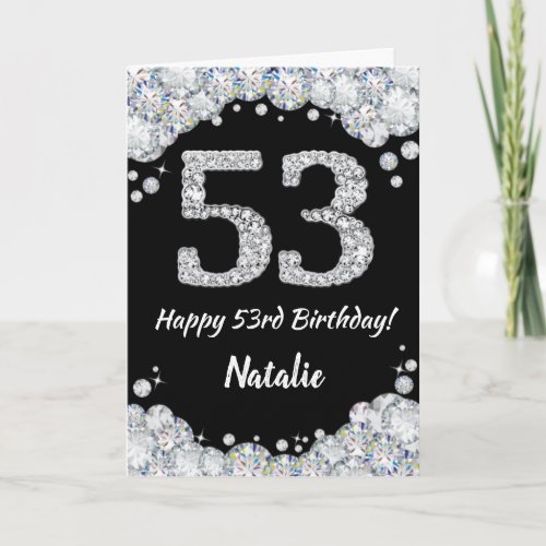 Happy 53rd Birthday Black and Silver Glitter Card
