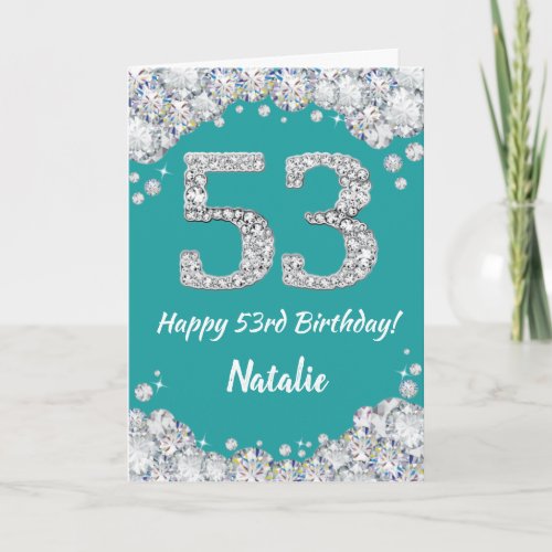 Happy 53rd Birthday Teal and Silver Glitter Card