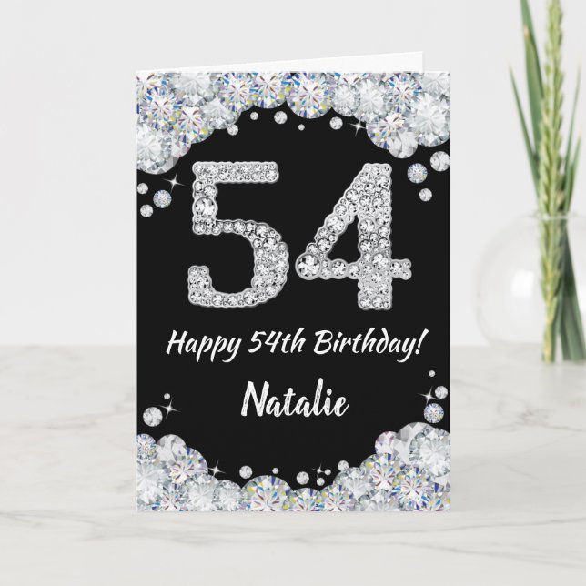 Happy 54th Birthday Black and Silver Glitter Card (Front)