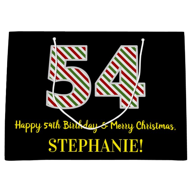 Happy 54th Birthday & Merry Christmas, Custom Name Large Gift Bag (Front)
