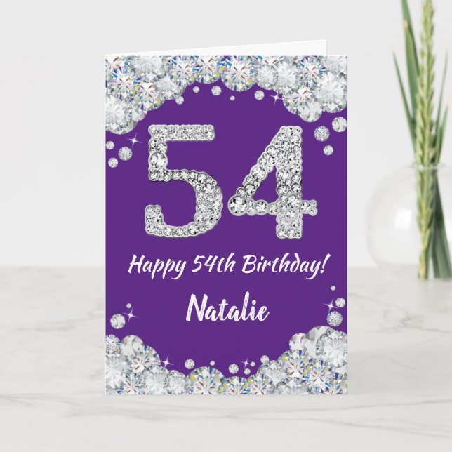 Happy 54th Birthday Purple and Silver Glitter Card (Front)