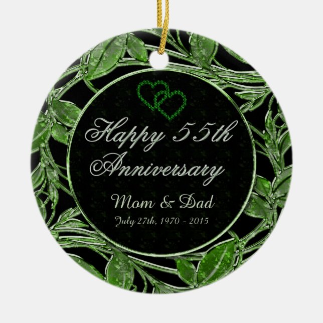 Happy 55th Anniversary Emerald Leaves DBL Sided Ceramic Ornament (Front)